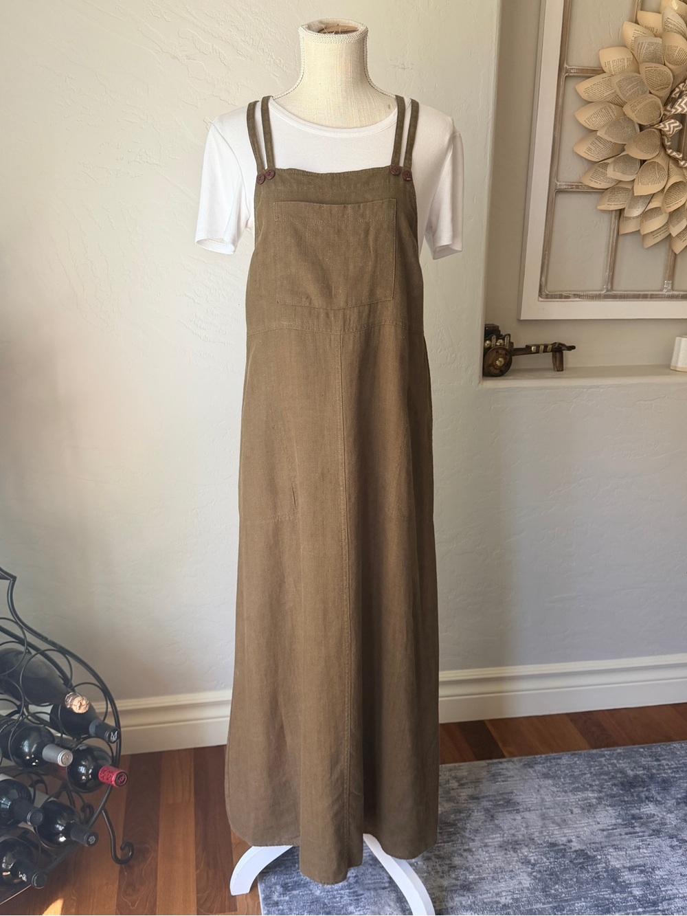 Carol Anderson Women's Vintage Olive Green Linen Pinafore Maxi Dress Size M